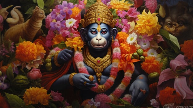 3D illustration of the Indian god Hanuman with a floral background surrounding it. photo