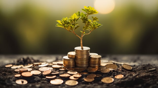 Financial Growth in Nature. Tree Thrives on a Bed of Coins. Ideal for Investment Concepts photo