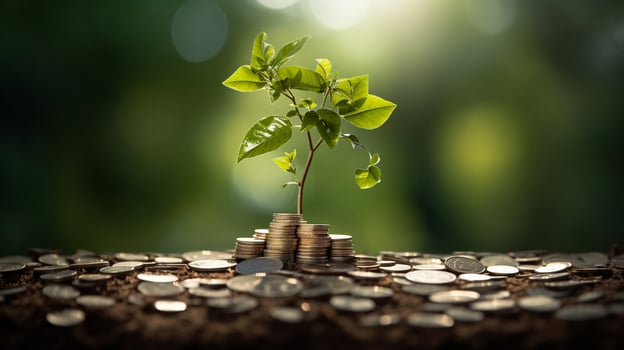 Financial Growth in Nature. Tree Thrives on a Bed of Coins. Ideal for Investment Concepts photo