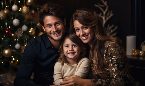 Happy family sitting around christmas christmas tree photo