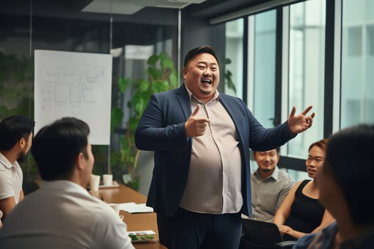 Plus size manager asian businessman talking and presenting in meeting room, AI Generated photo