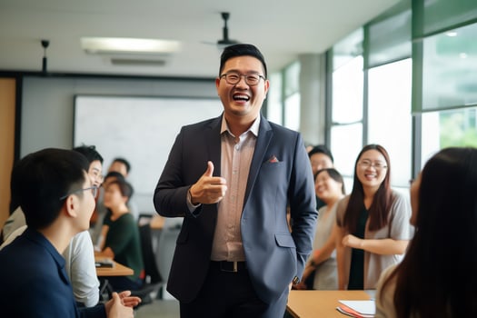 Plus size manager asian businessman talking and presenting in meeting room, AI Generated photo