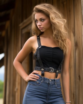 a beautiful young woman in jeans and suspenders standing in front of a barn generative ai photo