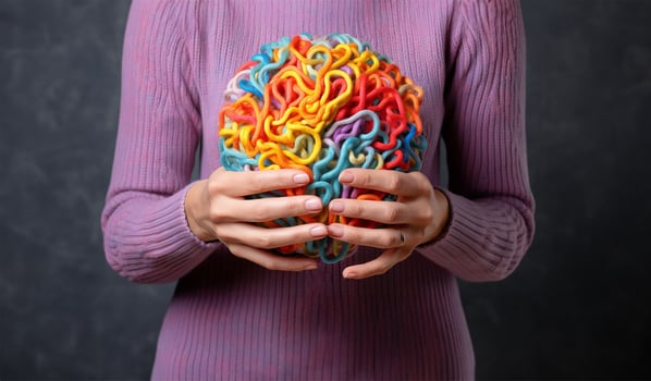 woman's hands holding multicolored yarn shaped like a brain, Capturing the essence of mental health protection. AI Generated photo