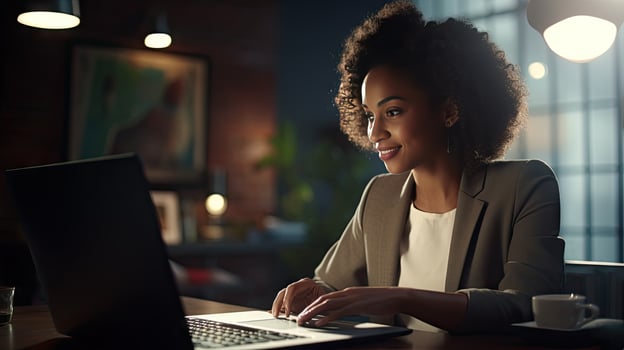 Smiling African American businesswoman sitting at table in her home office, reading documents and working using laptop photo