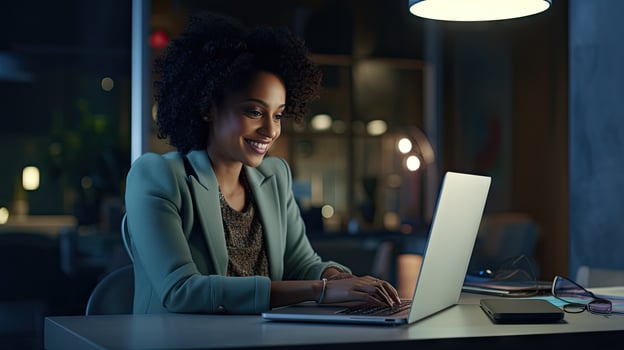Smiling African American businesswoman sitting at table in her home office, reading documents and working using laptop photo