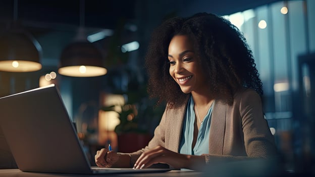 Smiling African American businesswoman sitting at table in her home office, reading documents and working using laptop photo