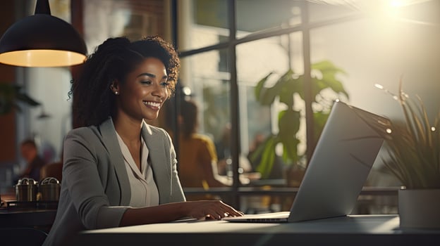 Smiling African American businesswoman sitting at table in her home office, reading documents and working using laptop photo