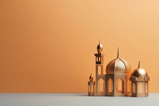 Eid mubarak and ramadan kareem greetings with copy space. Eid al fitr islamic lantern and mosque concept by AI Generated photo