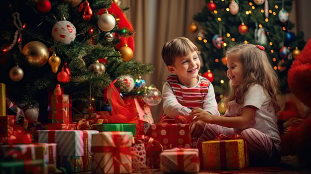 Happy New Year 2024, beautiful Christmas gift box with red ribbon and pine cone on table near tree, space for text photo