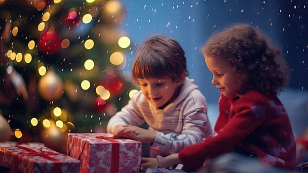Happy New Year 2024, beautiful Christmas gift box with red ribbon and pine cone on table near tree, space for text photo