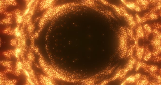 Abstract orange background from an energy blue magic ring of a round frame of glowing particles and waves of energy photo