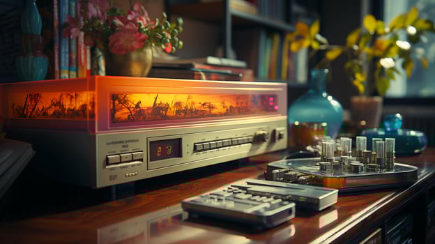 Old stylish vintage audio retro music cassette tape recorder poster from the 80s 90s photo