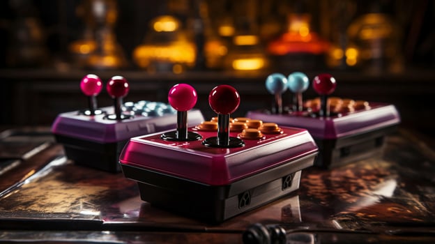 Old stylish vintage retro game console with video game joystick poster from 80s 90s photo