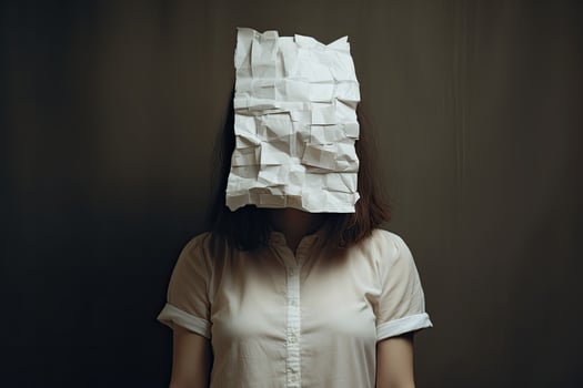Woman with crumpled paper on her head. Emotions concept. anonymous woman covering face with paper, AI Generated photo
