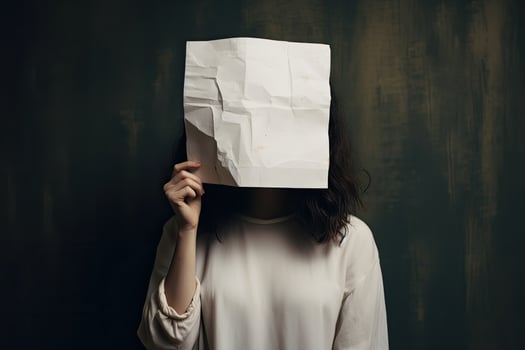 Young woman covering her face with paper sheet on dark wall background. anonymous woman covering face with paper, AI Generated photo