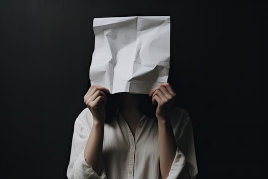 Woman hiding her face behind paper bag on black background, close up, anonymous woman covering face with paper, AI Generated photo