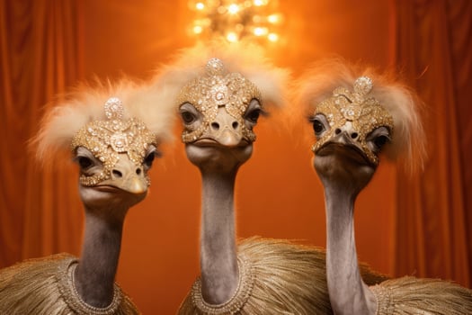 Three ostriches with crowns in golden dresses. AI-Generated photo