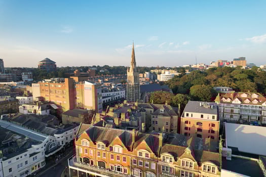 Beautiful Aerial Footage of British Tourist Attraction at Sea View of Bournemouth City of England Great Britain UK. High Angle Image Captured with Drone's Camera on September 9th, 2023 During Sunset photo