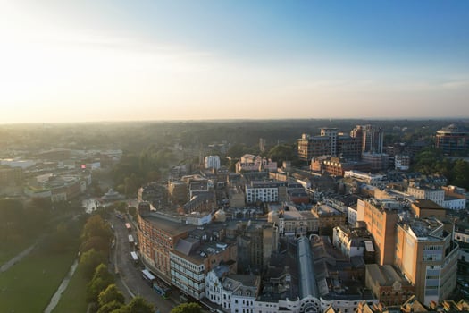 Beautiful Aerial Footage of British Tourist Attraction at Sea View of Bournemouth City of England Great Britain UK. High Angle Image Captured with Drone's Camera on September 9th, 2023 During Sunset photo