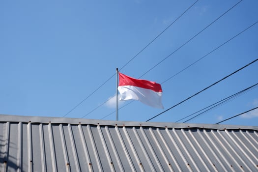 The red and white Indonesian flag is flying against a background of blue sky and cables photo
