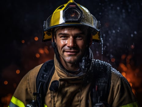 Courageous male firefighter fearlessly confronts the blazing inferno AI Generative photo