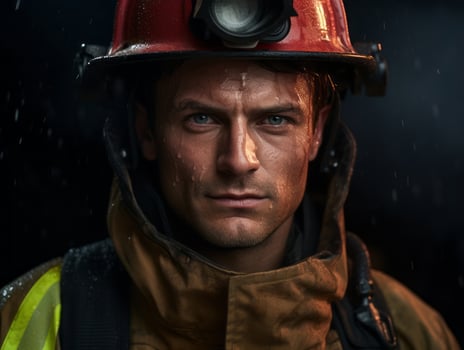 Courageous male firefighter fearlessly confronts the blazing inferno AI Generative photo