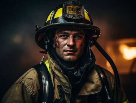 Courageous male firefighter fearlessly confronts the blazing inferno AI Generative photo