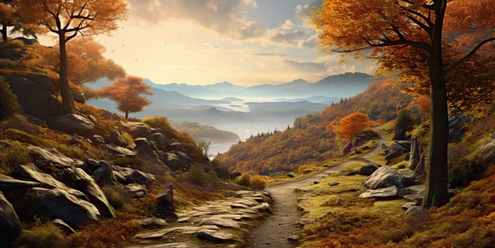 AI Generated. AI Generative. Outdoor nature mountain rock hill path way through forest at sunset. Adventure trip explore travel hiking, Graphic Art photo