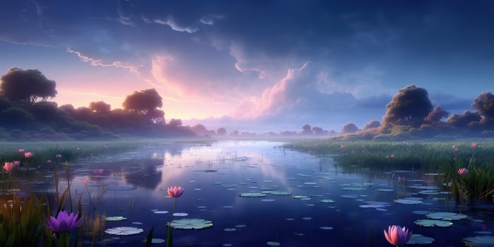 AI Generated. AI Generative. Chill relax inner peace calm nature outdoor landscape background. Mountains river lake tree moon landmark view. Graphic Art photo