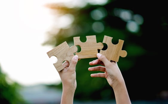 Jigsaw Puzzle Pieces Important Components Good work energy, connection, communication. and perfection, teamwork concept photo