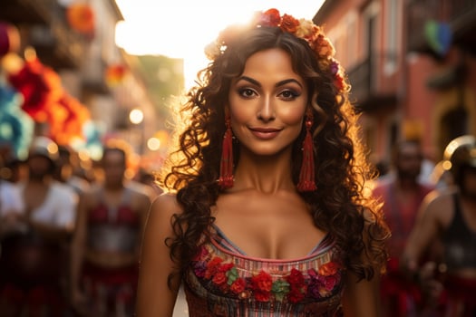 a beautiful woman in a colorful dress standing in front of a crowd generative ai photo