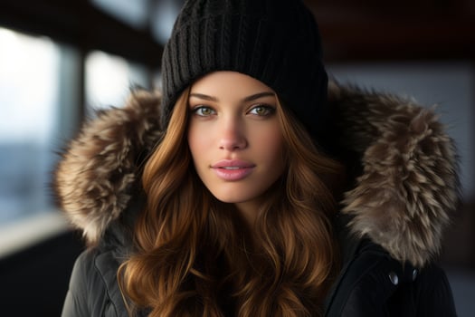 a beautiful young woman in a winter hat and coat generative ai photo