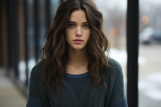 a beautiful young woman with long hair standing in front of a window photo