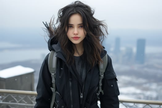 a girl with a backpack standing on top of a building with a city in the background generative ai photo