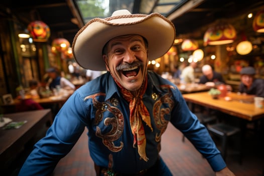 a man in a mexican outfit is laughing and posing for the camera generative ai photo