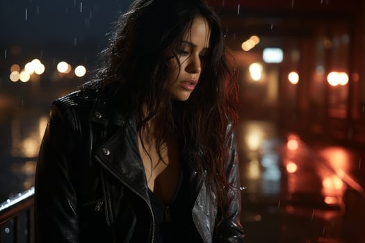 a woman in a black leather jacket standing in the rain photo