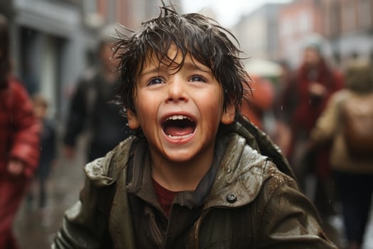 a young boy with his mouth open in the rain generative ai photo