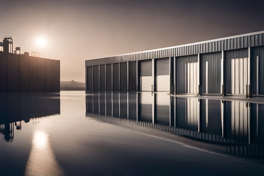 a large warehouse with a large metal door. AI-Generated photo