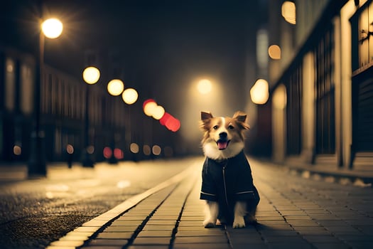 a dog in a coat standing on a street at night. AI-Generated photo