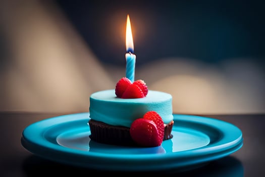 a small blue cake with a single candle on top. AI-Generated photo