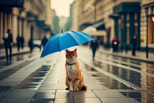 a cat sitting on the ground with an umbrella. AI-Generated photo