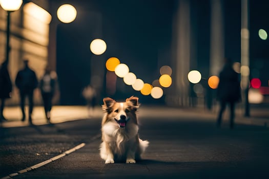 a dog sitting on the street at night. AI-Generated photo