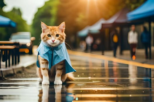 a cat wearing a raincoat on a rainy day. AI-Generated photo