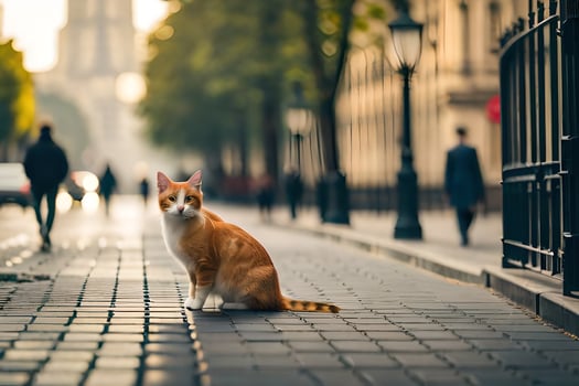 an orange and white cat sitting on the street. AI-Generated photo