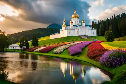 a beautiful church sits on a hill overlooking a lake. AI-Generated photo