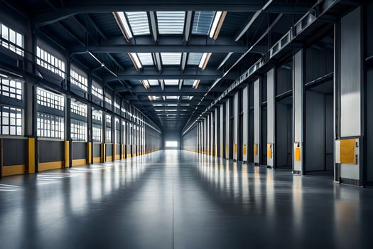 an empty warehouse with yellow doors and windows. AI-Generated photo