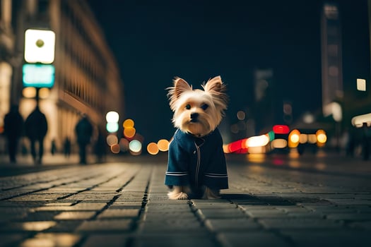 a small dog in a blue jacket standing on a street at night. AI-Generated photo