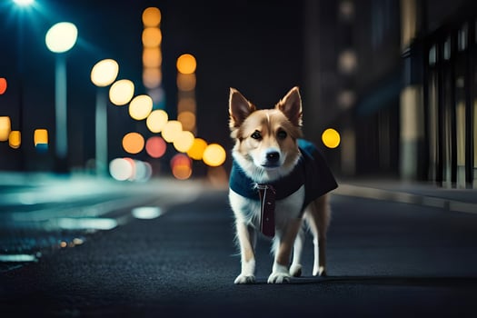 a dog in a suit standing on a street at night. AI-Generated photo