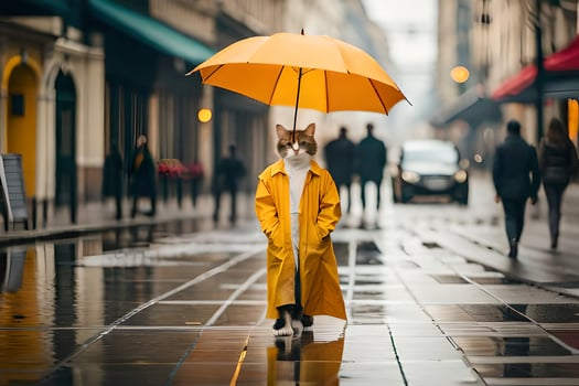 a cat in a yellow raincoat standing on a wet street. AI-Generated photo